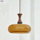 Helnys Amber LED Pendant Light Fixture, Wood Glass Loft Hang Lamp