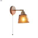 Helnys Wood Canopy LED Wall Lights Pull Chain Amber Glass Sconce Nordic Modern