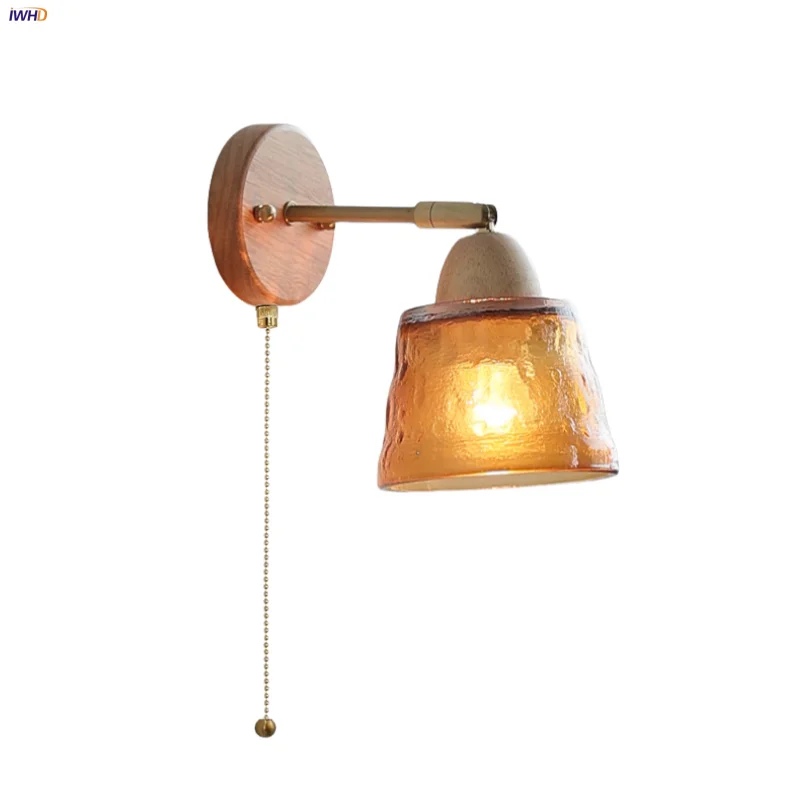 Helnys Wood Canopy LED Wall Lights Pull Chain Amber Glass Sconce Nordic Modern