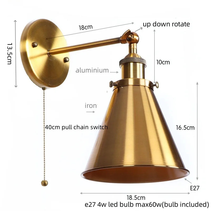 Helnys Vintage Gold Plated Iron Wall Lamp Industrial LED Loft Lighting Fixtures