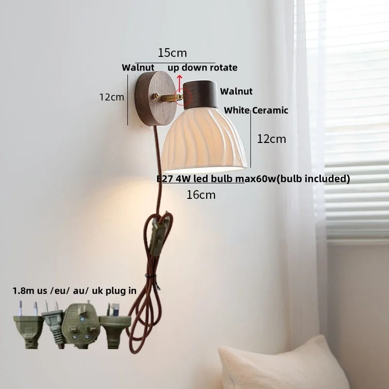 Helnys Modern LED Wall Light Fixture White Ceramic Walnut Wood Bedside Lamp
