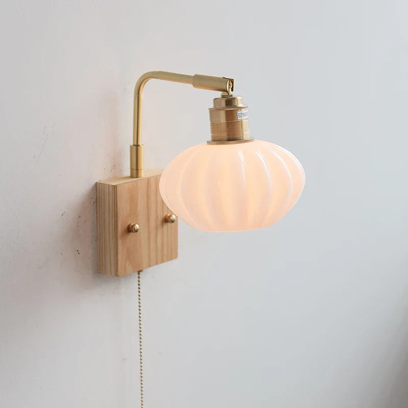 Helnys Ash Wood LED Wall Light with Pull Chain Switch & Rotatable White Glass