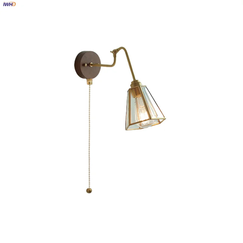 Helnys Clear Glass LED Wall Sconce with Pull Chain Switch & Rotating Walnut Wood Arm