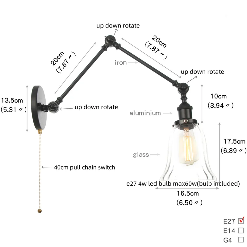 Helnys Vintage Industrial LED Wall Lamp with Pull Chain Switch and Clear Glass