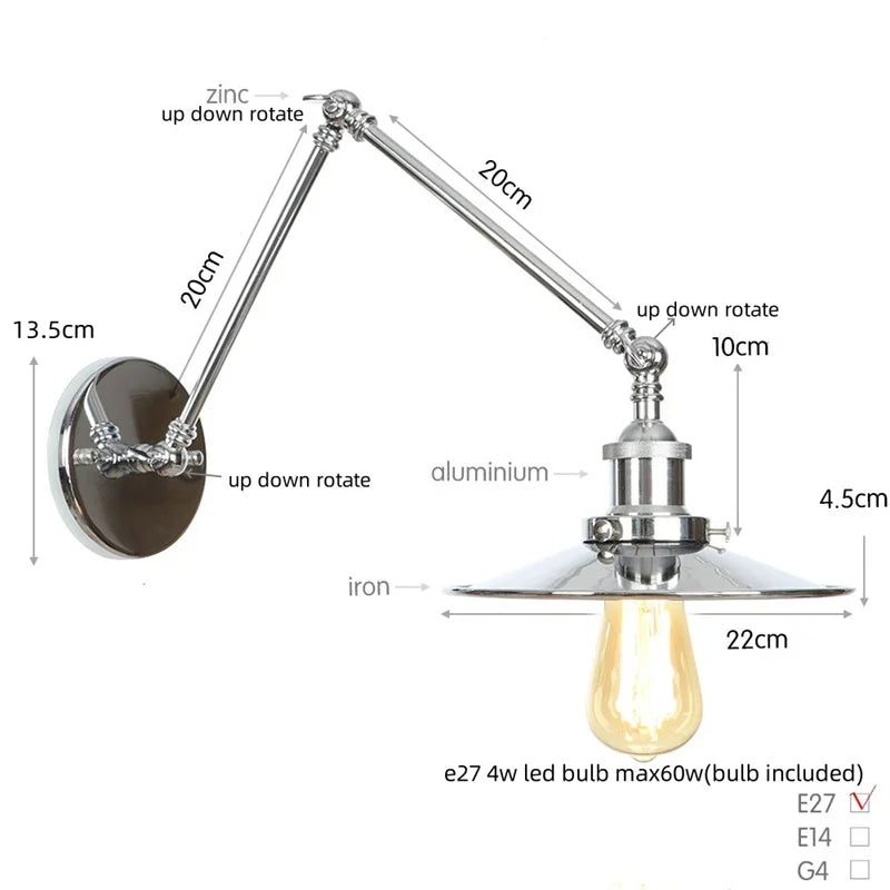 Helnys Vintage Industrial Style Long Arm LED Wall Sconce Bedside Lamp