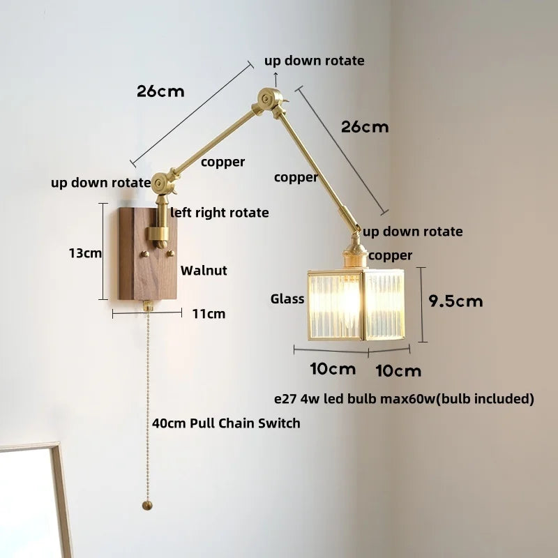 Helnys Cube Glass LED Wall Lights with Pull Chain Switch for Modern Decor