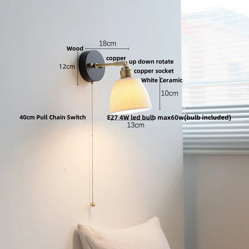 Helnys Ceramic LED Wall Light, Modern Nordic Rotate Wood Bedside Lamp