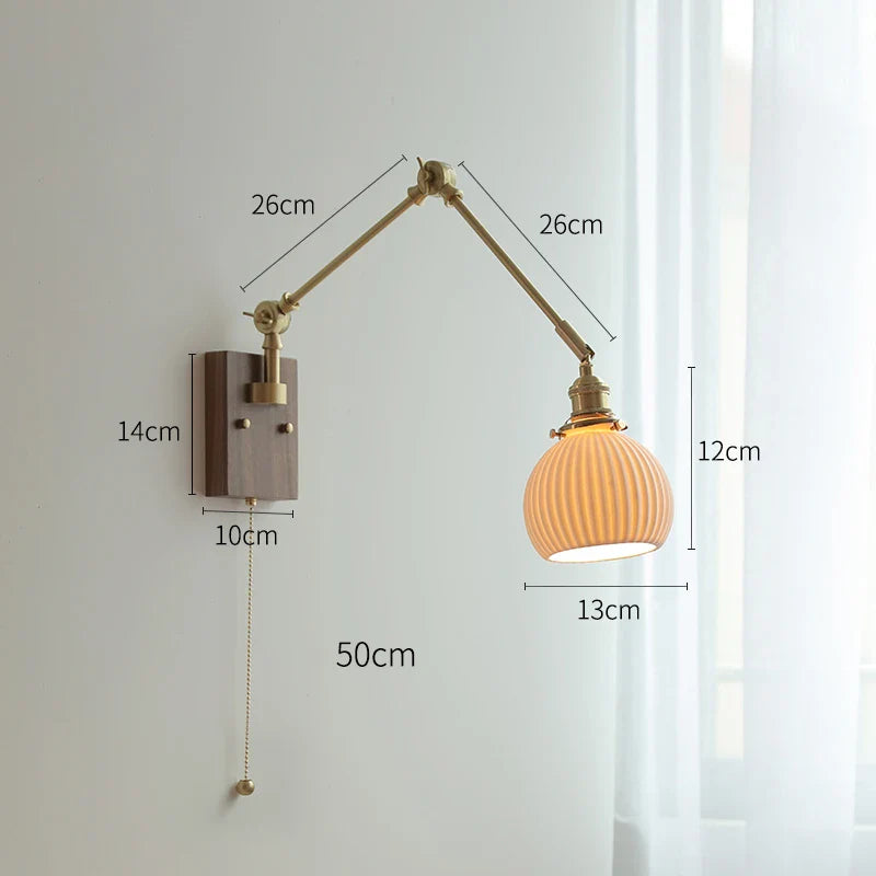 Helnys Copper Swing Arm LED Wall Light with Pull Chain Switch and Walnut Canopy