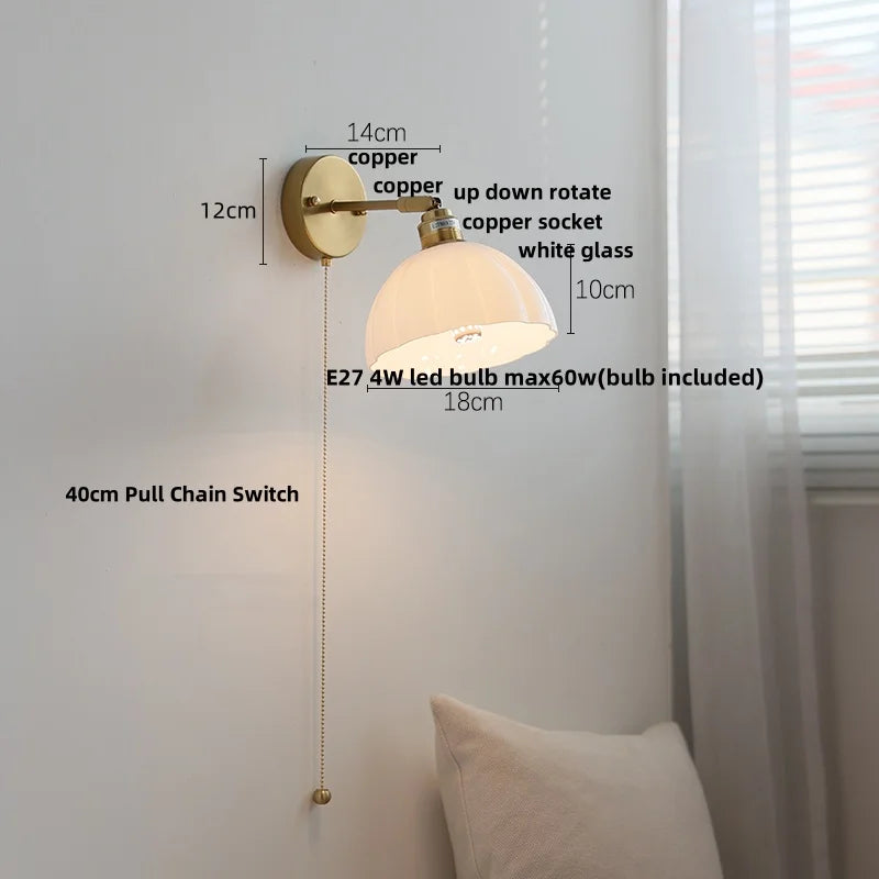 Helnys Copper LED Wall Lamp with Pull Chain Switch & Rotatable Glass Mirror Light
