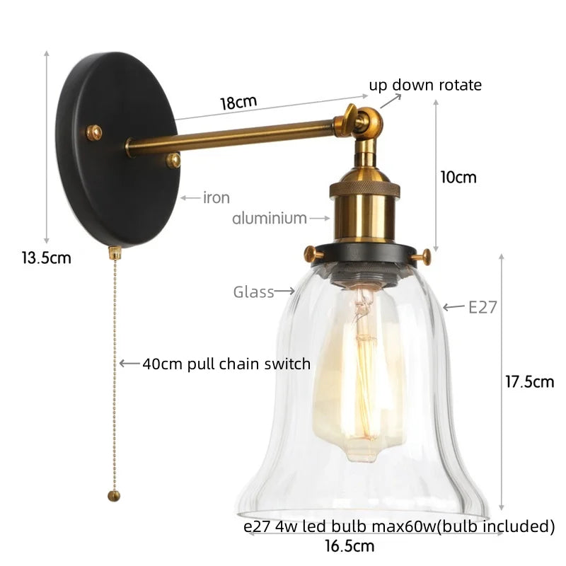 Helnys Vintage LED Glass Wall Sconce with Pull Chain Switch
