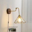 Helnys Green Glass Copper LED Wall Lamp with Pull Chain Switch and Walnut Wood Base