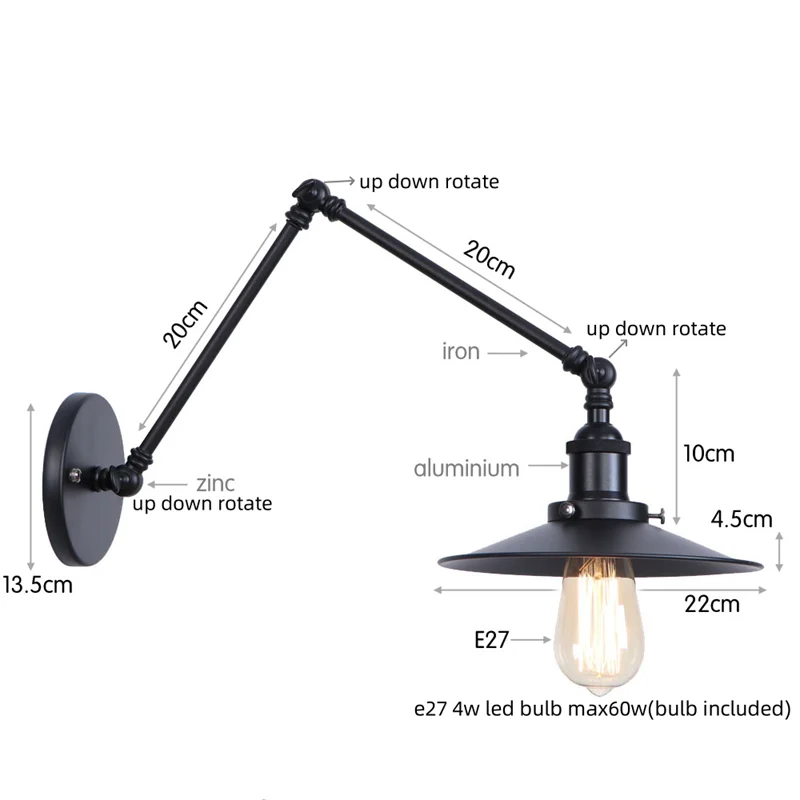 Helnys Adjustable Black Iron LED Wall Light - Industrial Vintage Bedside Lamp