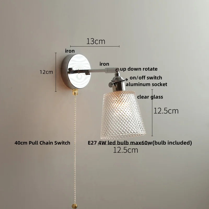 Helnys Clear Glass LED Wall Sconce Pull Chain Switch Modern Iron Bathroom Light