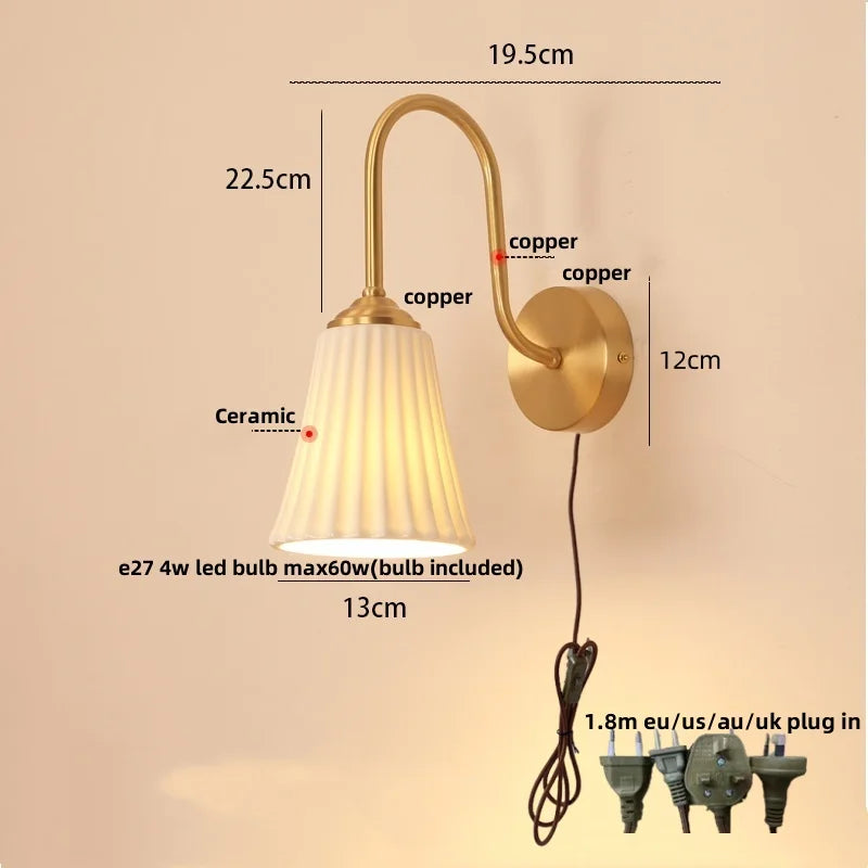 Helnys Glass LED Wall Sconce with Pull Chain Switch, Copper Nordic Bathroom Light