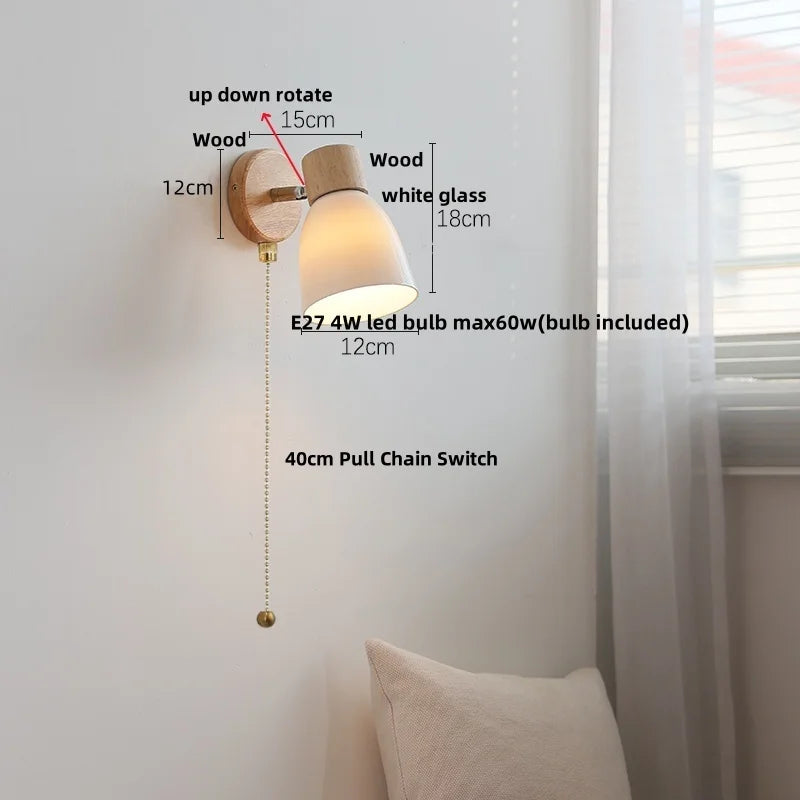 Helnys Modern Wood White Ceramic Wall Light Sconce Rotation Bedside Lamp
