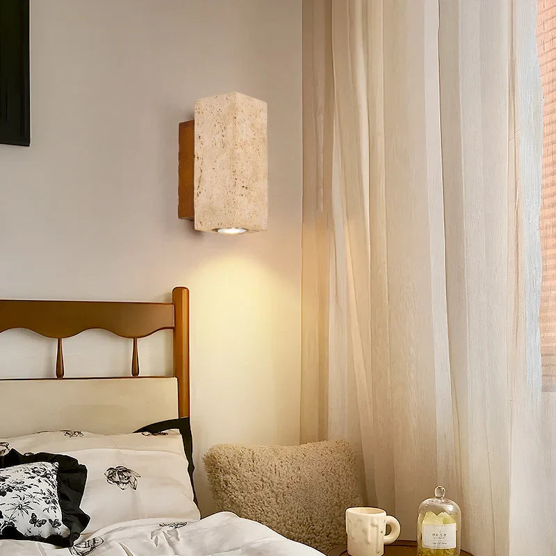 Helnys Square LED Wall Lamp Stone Wood Sconce for Home Decor Mirrors