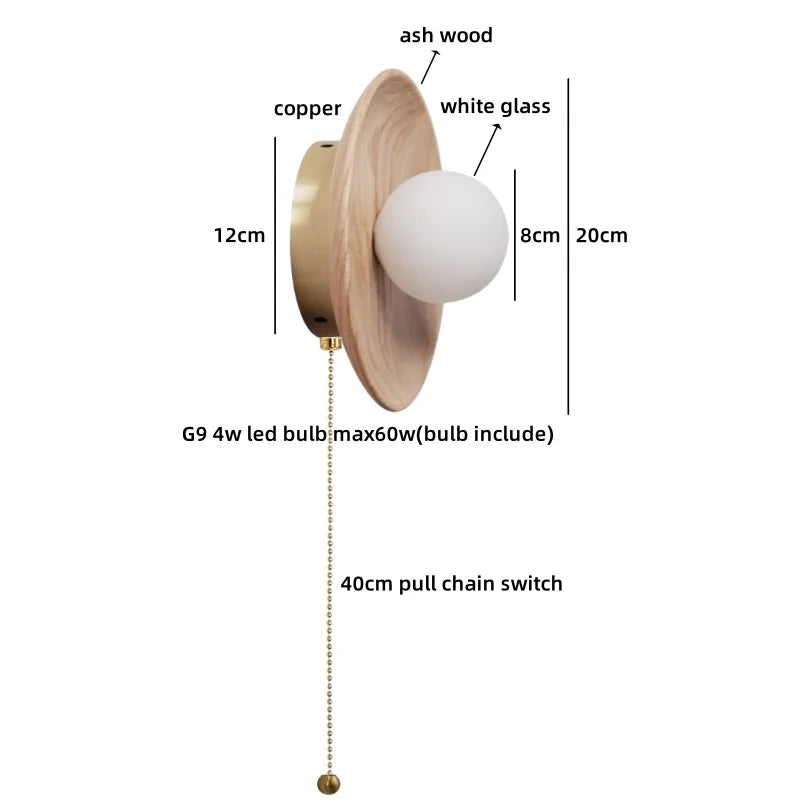 Helnys Wooden Stair LED Wall Light, Ash Wood Glass Ball Luminaria De Parede