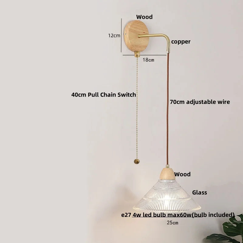 Helnys Clear Glass LED Wall Light Wood Pull Chain Switch Stair Fixture