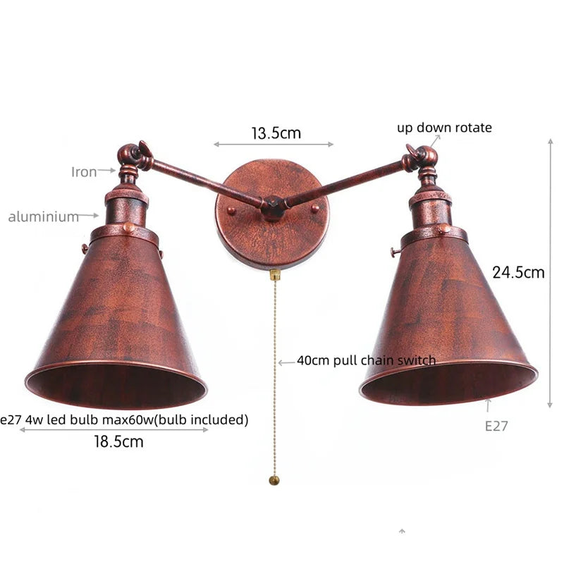 Helnys Gold Vintage 2 Heads LED Wall Lights Industrial Pull Chain Switch Lamp