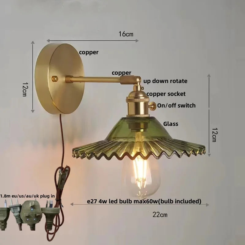 Helnys Green Glass LED Wall Lights with Pull Chain Switch for Home Decor