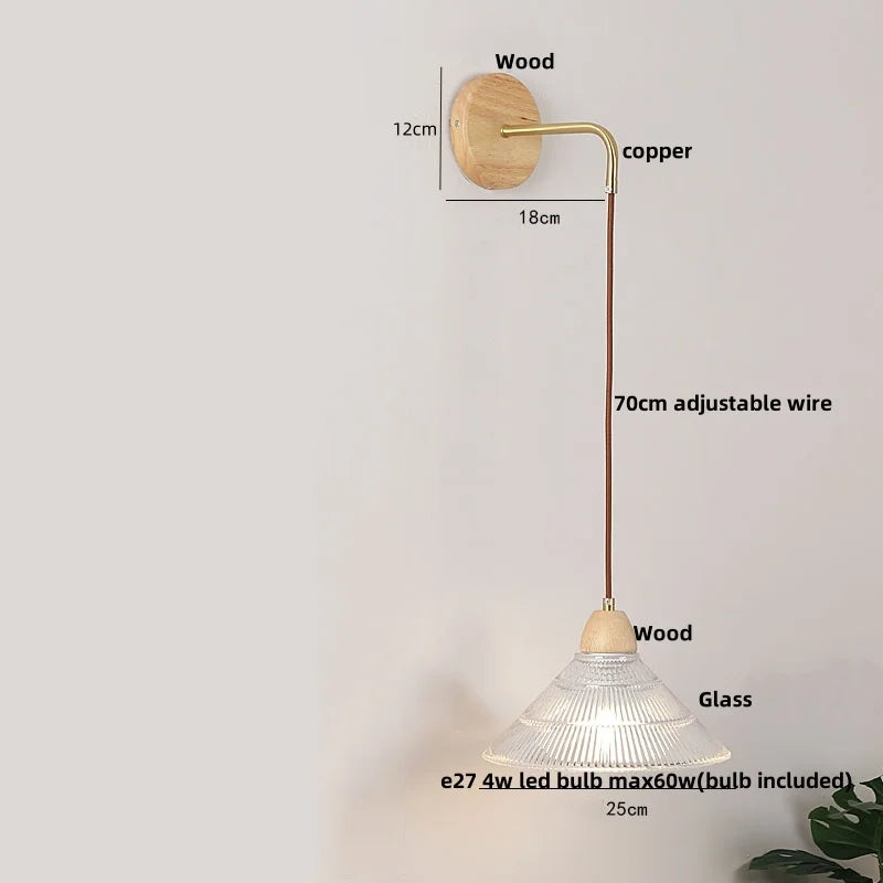 Helnys Wood Glass LED Wall Light Fixture with Pull Chain Switch