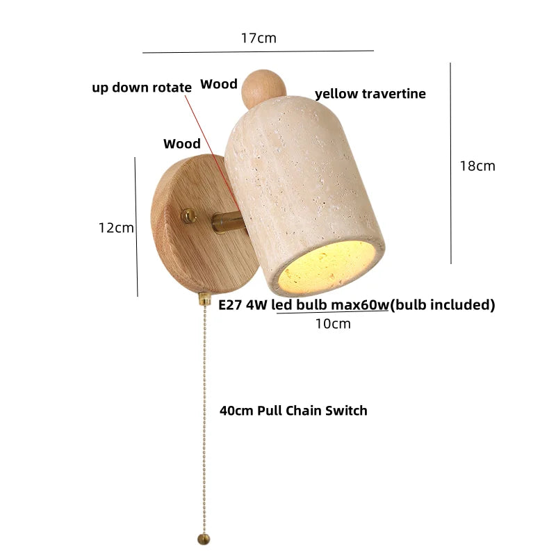 Helnys Rotating LED Wall Light Fixture with Pull Chain Switch Yellow Travertine Wood Decor