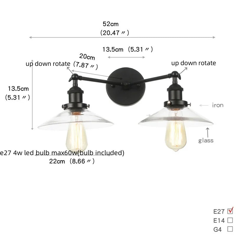 Helnys Industrial LED Wall Light with White Glass, Pull Chain Switch, 2 Heads