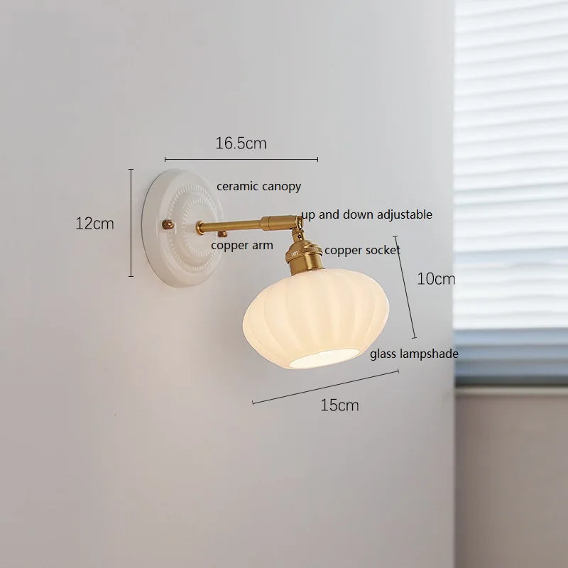 Helnys White Glass LED Wall Lights with Copper Arm Socket for Bedroom & Living Room