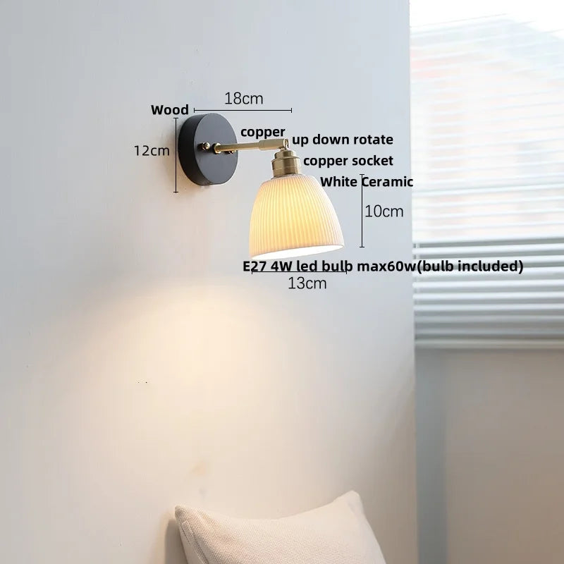 Helnys Ceramic LED Wall Light, Modern Nordic Rotate Wood Bedside Lamp