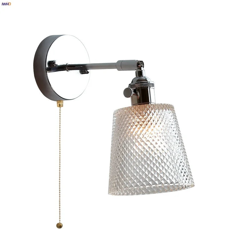 Helnys Clear Glass LED Wall Sconce Pull Chain Switch Modern Iron Bathroom Light