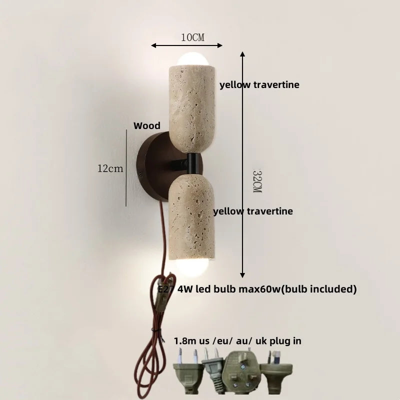 Helnys LED Wall Light Fixture Modern Nordic Design 2 Yellow Travertine Stone Wood Bedside Lamp