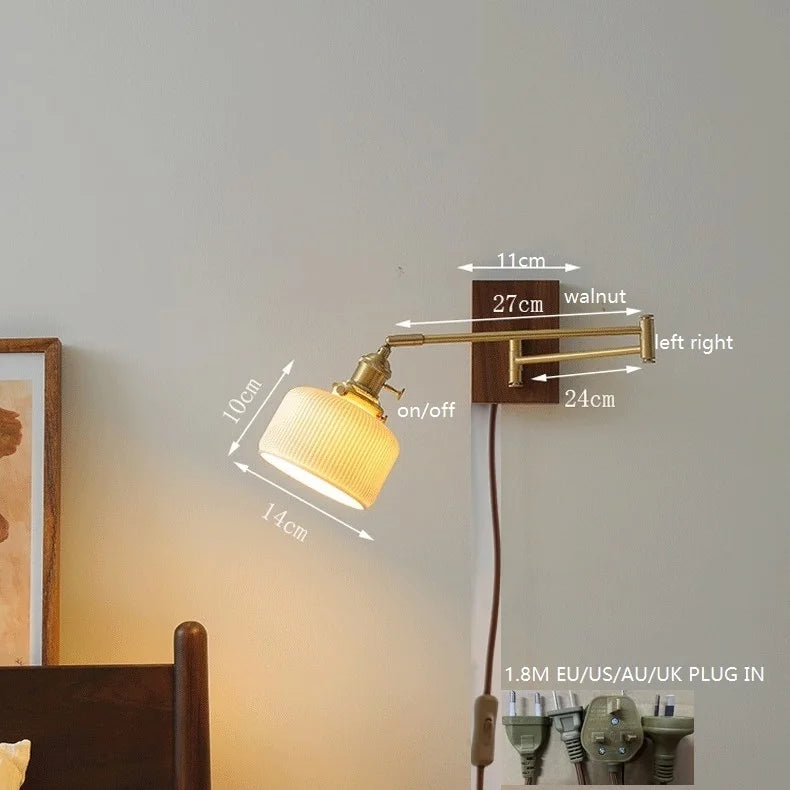 Helnys Walnut Canopy Copper LED Wall Lamp with Rotate Ceramic Lampshade