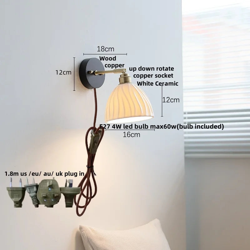 Helnys Ceramic LED Wall Light, Modern Nordic Rotate Wood Bedside Lamp