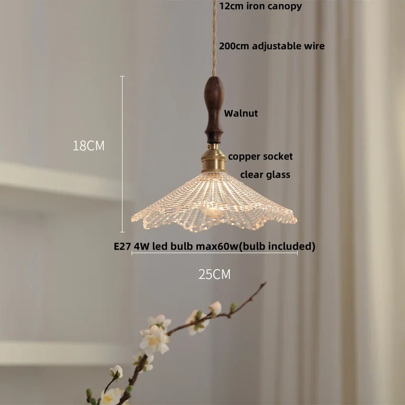 Helnys Nordic Walnut Wood LED Pendant Light Fixture Glass Hang Lamp