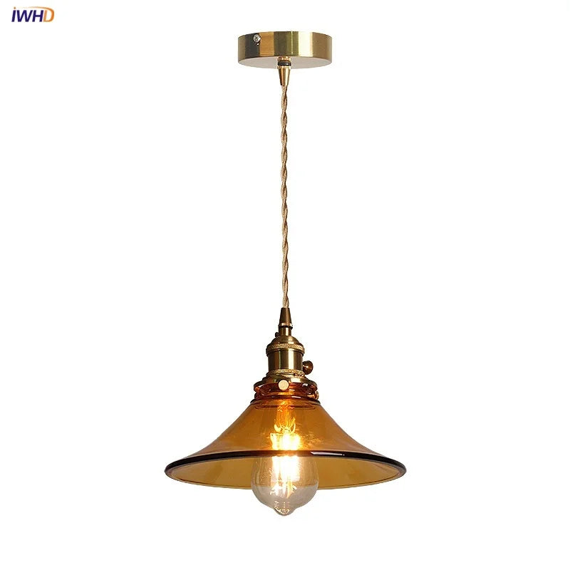 Helnys Amber Glass Pendant Light with Adjustable Wire and Knob Switch