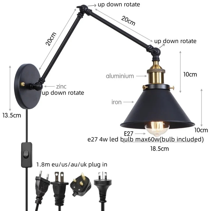 Helnys Vintage Iron LED Wall Lamp with Pull Chain Switch