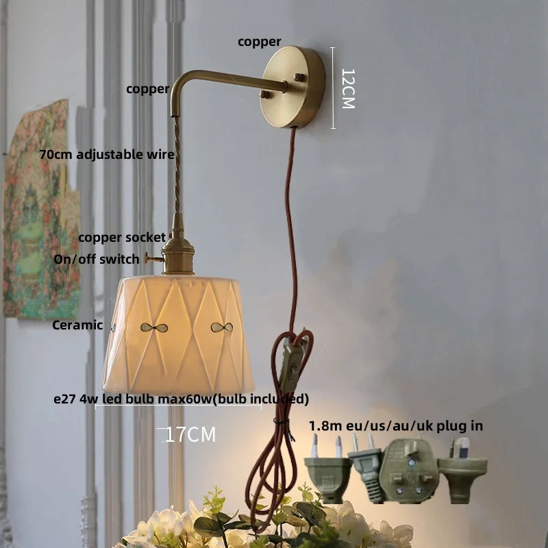 Helnys LED Ceramic Brass Wall Light Fixture Pull Chain Switch Bedside Lamp