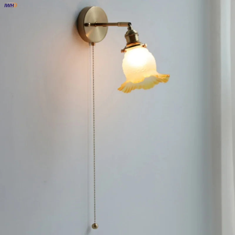 Helnys Flower Glass LED Wall Light Fixture, Vintage Up Down Rotate Bedside Lamp