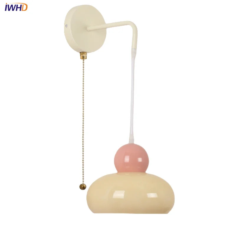 Helnys Nordic LED Glass Wall Light with Pull Chain Switch - Adjustable Bedside Lamp