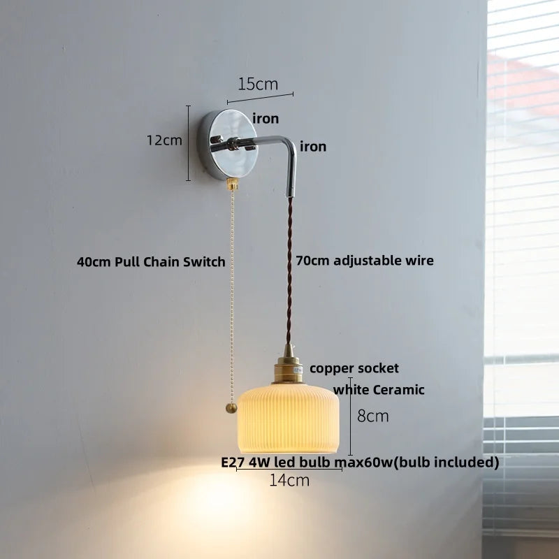 Helnys Nordic LED Wall Light Pull Chain Switch Adjustable Sconce White Ceramic