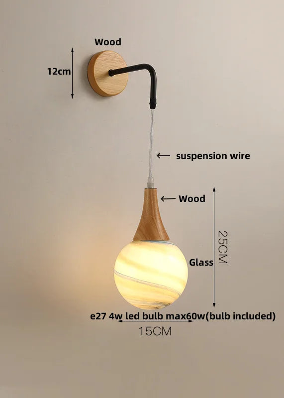 Helnys Amber LED Wall Lamp Walnut Wood Pull Chain Switch Applique Murale