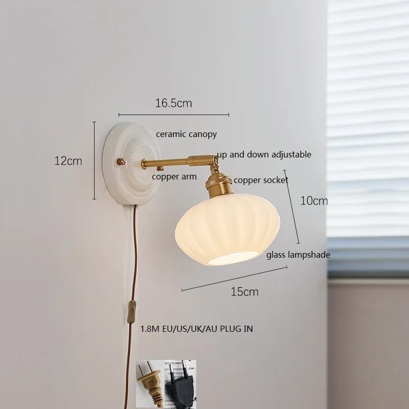Helnys White Glass LED Wall Lights with Copper Arm Socket for Bedroom & Living Room