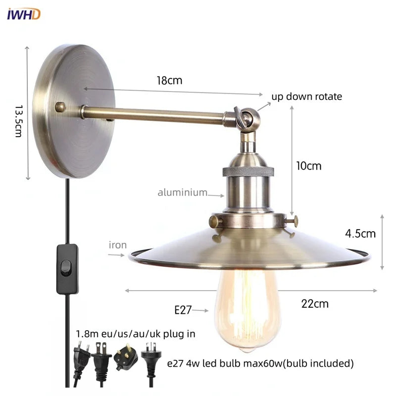 Helnys Loft LED Wall Lamp With Gold Pull Chain Switch - Industrial Vintage Design