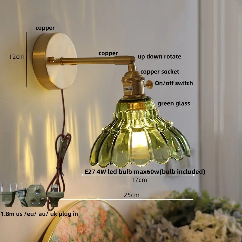 Helnys Copper Rotate LED Wall Light with Pull Chain Switch - Modern Glass Bedside Lamp