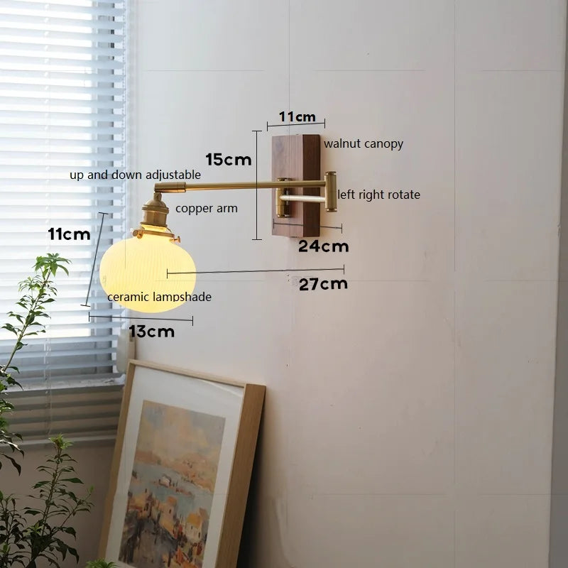 Helnys Walnut Canopy Copper LED Wall Lamp with Rotate Ceramic Lampshade