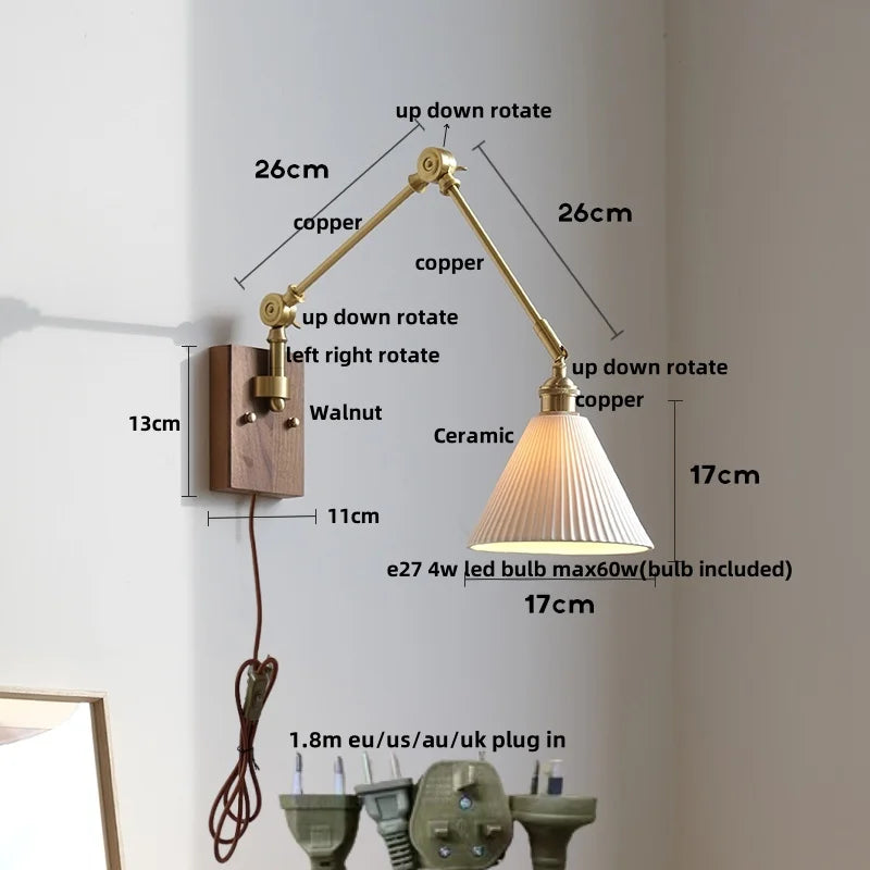 Helnys LED Rotatable Wall Lamp Fixture with Wood Design & Pull Chain Switch