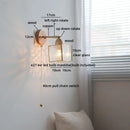 Helnys Square Glass LED Wall Light with Pull Wire Switch & Night Bedside Lamp