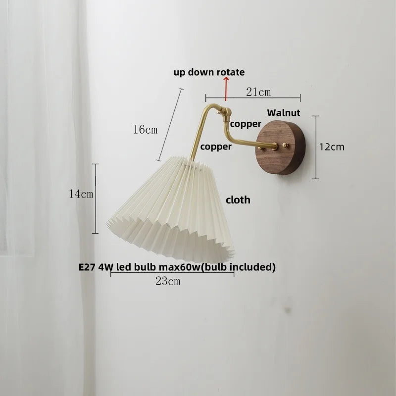 Helnys Walnut Base LED Wall Light with Pull Chain Switch and Rotating Copper Lampshade