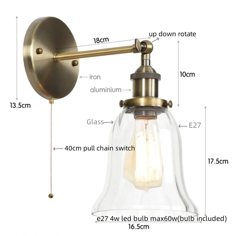 Helnys Vintage LED Glass Wall Sconce with Pull Chain Switch