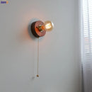 Helnys Vintage LED Wall Lamp with Pull Chain Switch, Walnut Ash Wood & Copper.